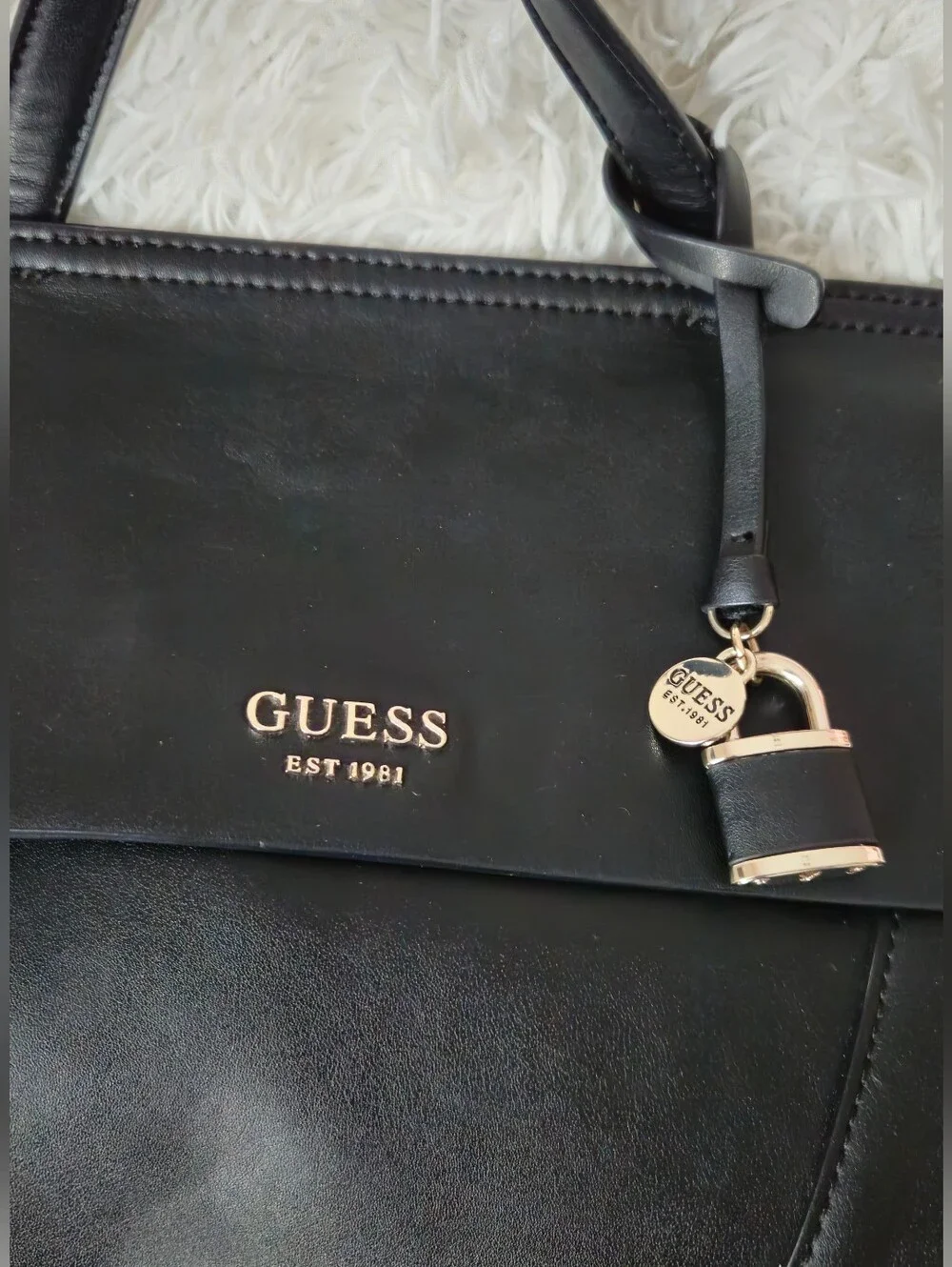 GUESS Shawna Black Faux Leather Logo Top Handle Satchel